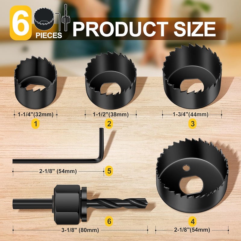 SkyStage 6PCS Hole Saw Kit, Hole Saw Set Includes 4 Sizes 1-1/4" to 2-1/8"(32-54mm), Mandrels and Hex Key，High Quality Hard Carbon Steel Hole Saw for Soft Wood, PVC Board, Plywood - Image 2